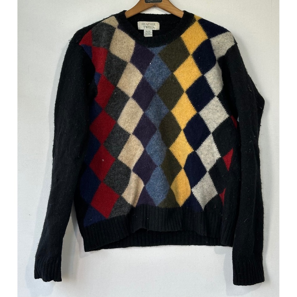 Heather & Tweed Sweater Argyle Shetland Wool Mens Large Black
